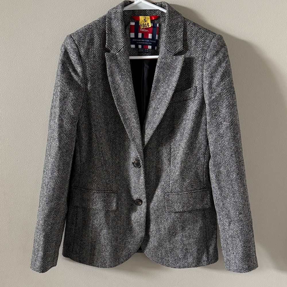 Boden Heritage Tweed Gray Herringbone Blazer, Sz 4R (UK 8R)